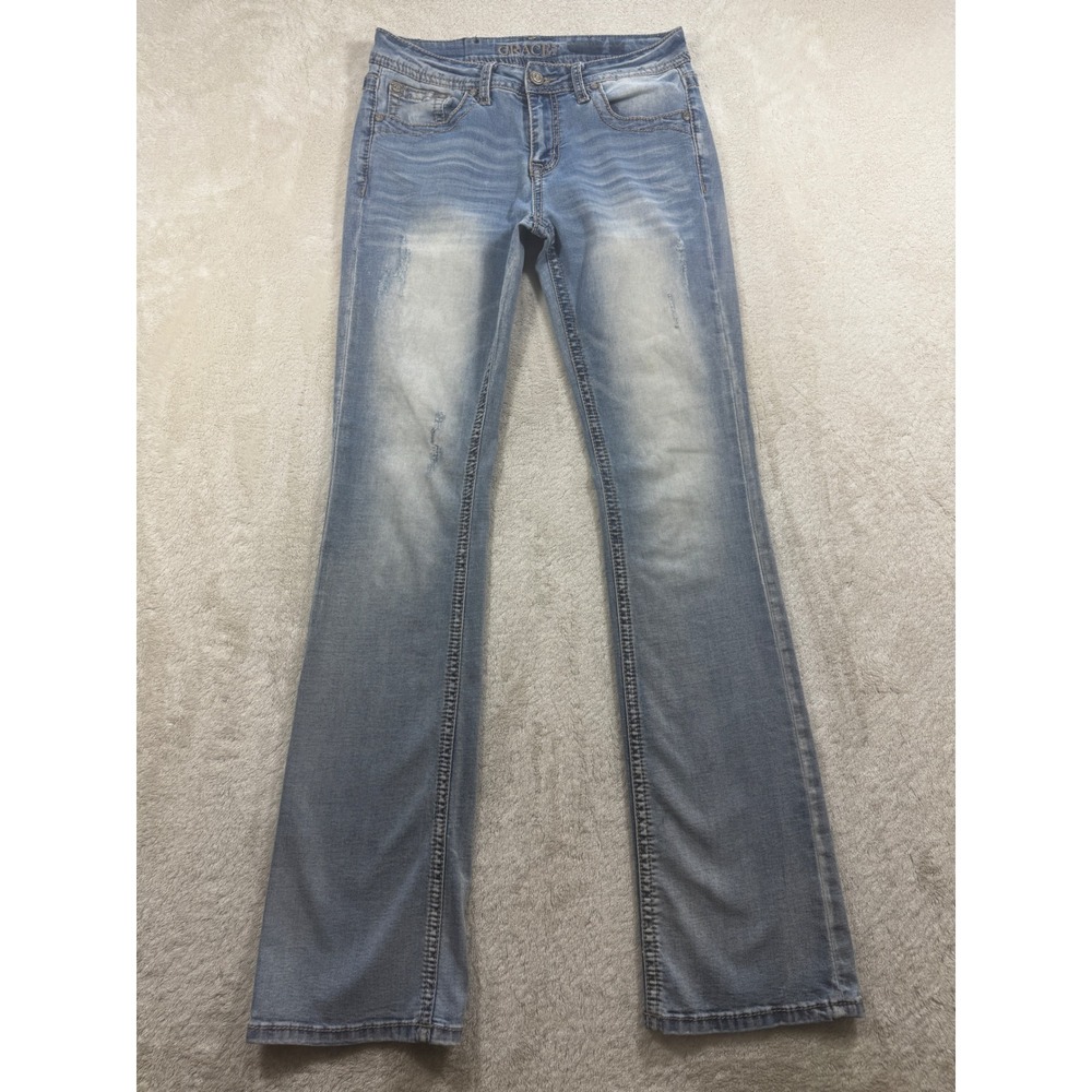 Grace in LA Womens Bootcut Distressed Light Wash Jeans 27 Meas: 28x33